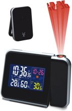Термометр цифровой электронный ТЕ-1973 «PLASMA» с радиодатчиком для одновременного измерения температуры в доме и на улице, а также влажности в доме, c указателем погоды, многоцветной подсветкой и часами с проектором 