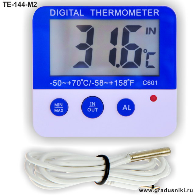 Цифровой электронный термометр ТЕ-144-М2 для дома и улицы с отключаемым проводным сенсором температуры и звуковой сигнализацией, г.Санкт-Петербург